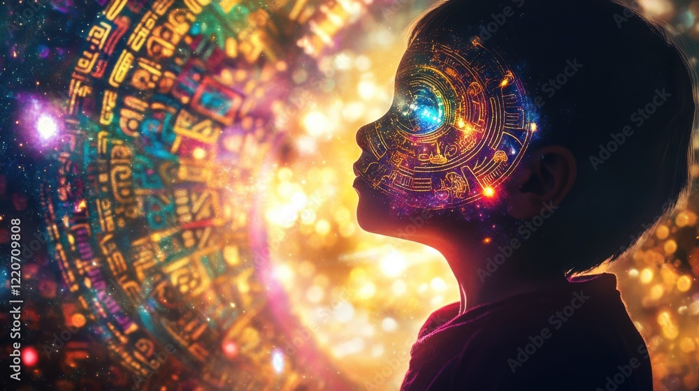 Poster Vibrant visualization of a glowing child exploring a kaleidoscope of patterns in a darkened environment