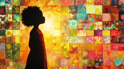 Fototapeta premium Vibrant visualization of a glowing child standing against a colorful background of abstract shapes and patterns