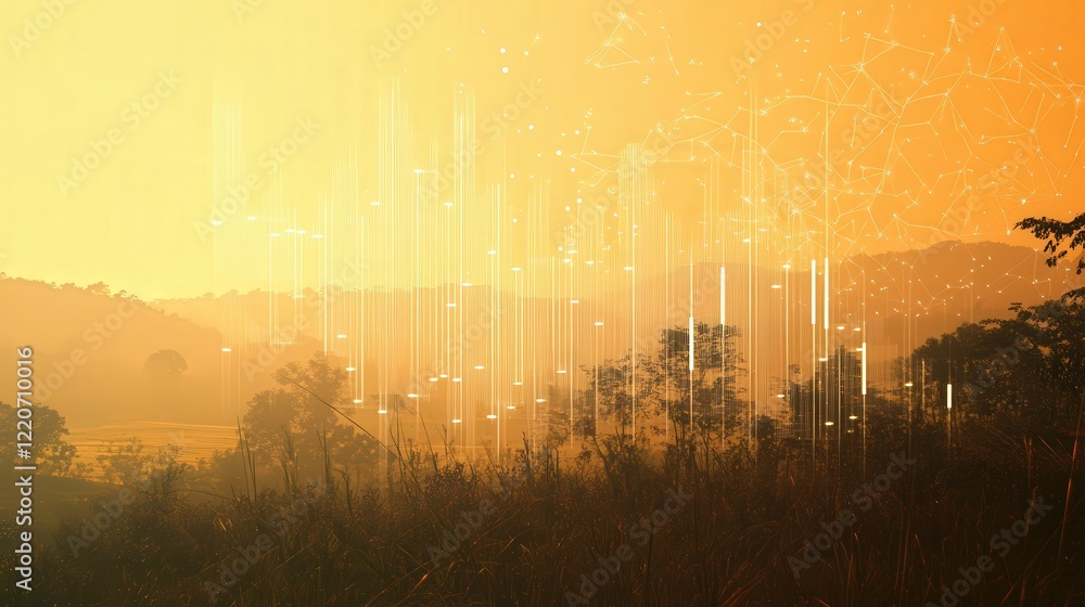 Poster pm2.5 dust levels increasing over time, with a graph overlay on a hazy landscape