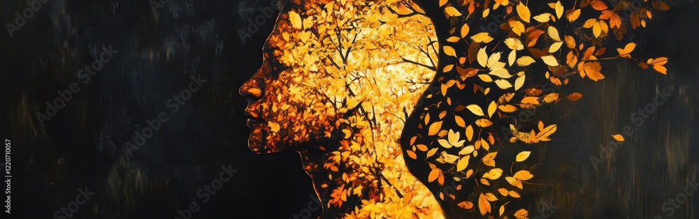 Poster Portrait of a man surrounded by autumn leaves symbolizing transformation and connection with nature in a dreamlike atmosphere