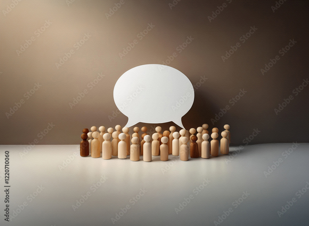 Poster grainy texture image shows diverse wooden figurines surrounding a large blank speech bubble. the sce