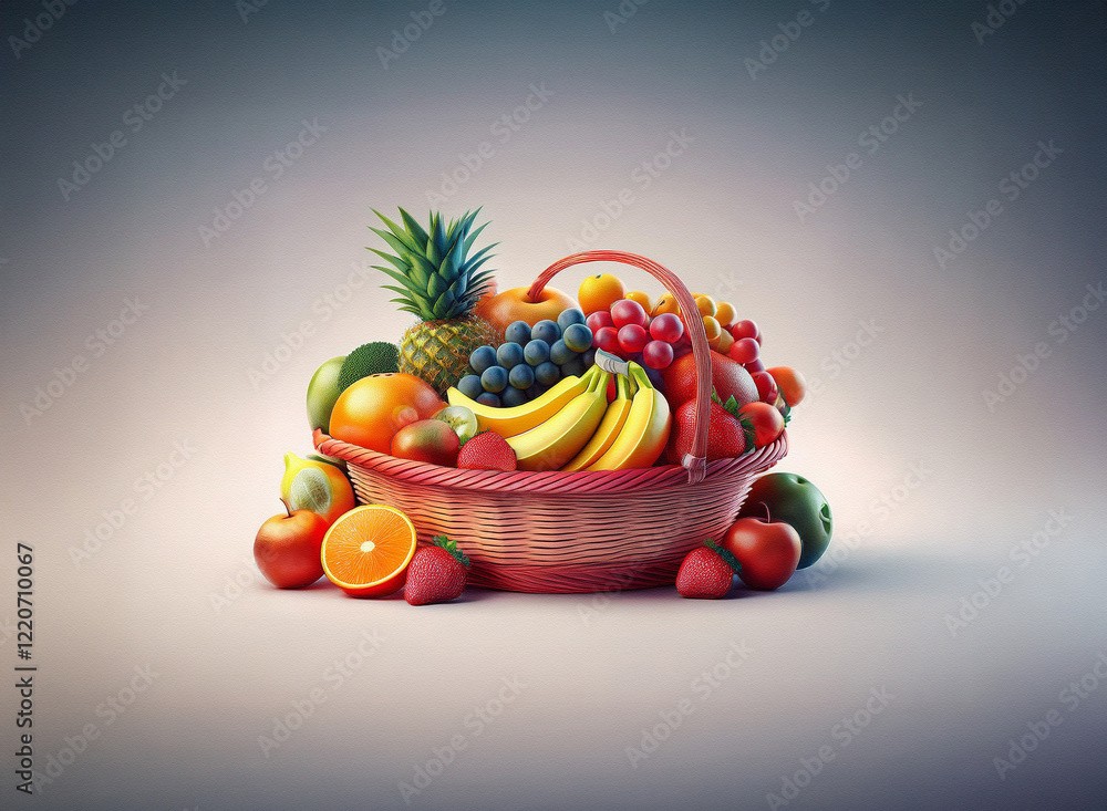 Poster a grainy textured image shows a wicker basket overflowing with a vibrant assortment of fresh fruits.