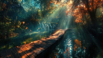 Fototapeta premium Autumn forest boardwalk, sun rays, waterfalls, peaceful scene, nature photography