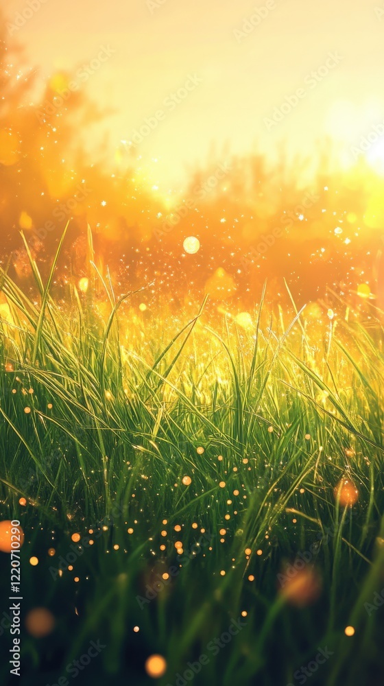 Aufkleber vibrant green grass illuminated by warm sunlight creating a peaceful atmosphere in a serene outdoor 