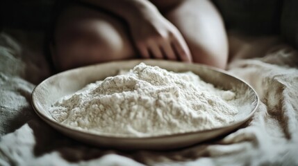 Fototapeta premium This image features a large mound of flour presented in a wooden plate, symbolizing simplicity and the essence of cooking in a minimalistic setting.