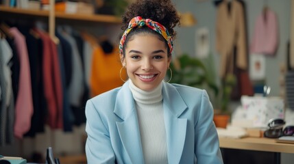 Fototapeta premium Vibrant fashion studio setting with a smiling designer showcasing creativity and style