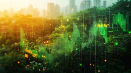 Vibrant double exposure of financial charts over urban landscape showcasing market trends and growth