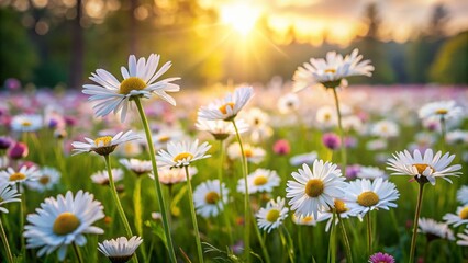 Fototapeta premium Estonian Meadow: Blooming Spring Daisies in Sunny Summer Bokeh