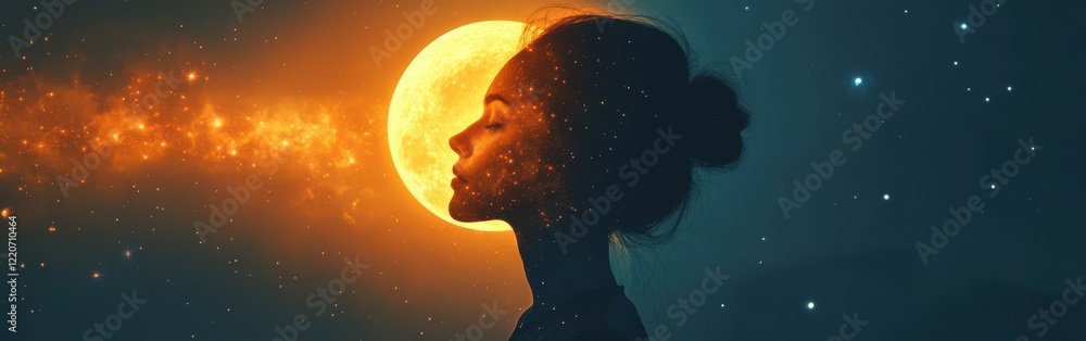 Poster surreal representation of a glowing woman against a cosmic backdrop with sun and stars during twilig