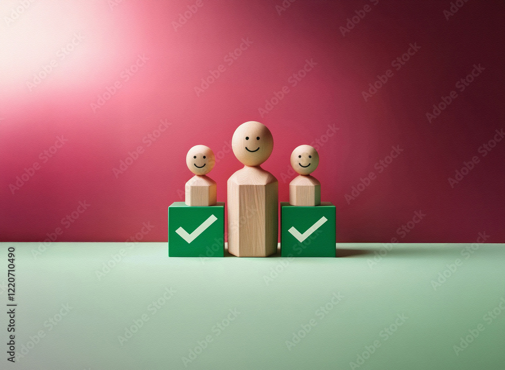 Aufkleber grainy texture image shows three cheerful wooden figurines. the central figure stands taller, flanke