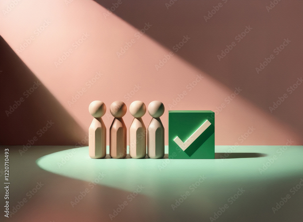 Poster grainy texture. four wooden figures stand in a row, illuminated by a spotlight, next to a green chec