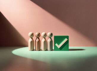 Grainy texture.  Four wooden figures stand in a row, illuminated by a spotlight, next to a green checkmark cube.  Approval, selection, or completion is implied.