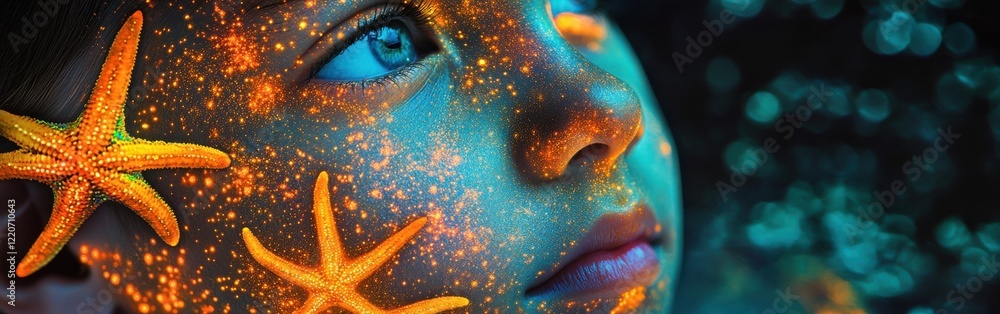 Poster surreal portrait of a glowing child with starfish patterns illuminated under vibrant colors