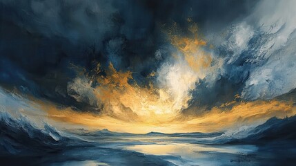 Naklejka premium Stormy reflection captures deep gray and indigo hues with vibrant golden sunset near the horizon in a tumultuous sky