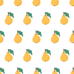 Pear pattern with green leaves. Seamless vector repeating pattern featuring yellow pears with green leaves on a white background, ideal for fabric, wallpaper or design