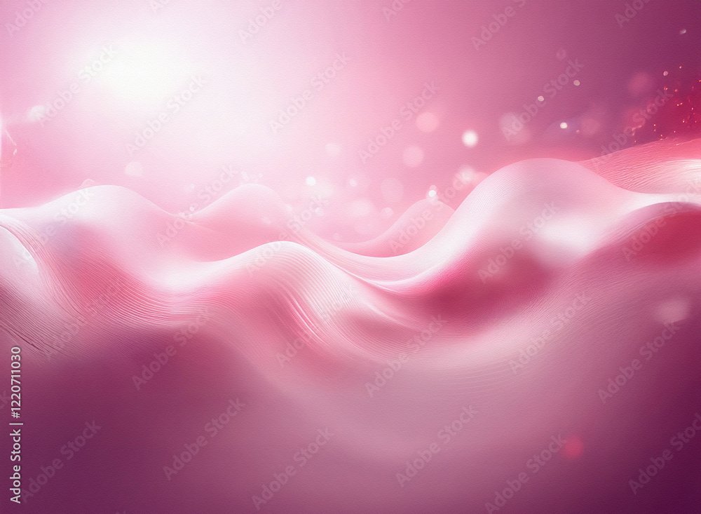 Poster grainy texture, soft pink waves undulate across a luminous background. glowing particles add depth t