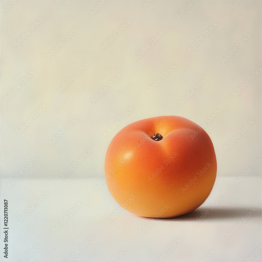 Poster Fresh velvety orange peach resting on a simple surface with soft lighting in a minimalistic setting