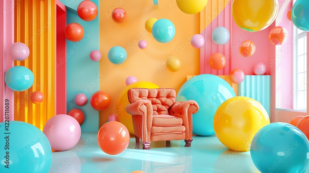 Poster 3d rendering of a surreal colorful room with a chair in the center. the room is full of colorful bal