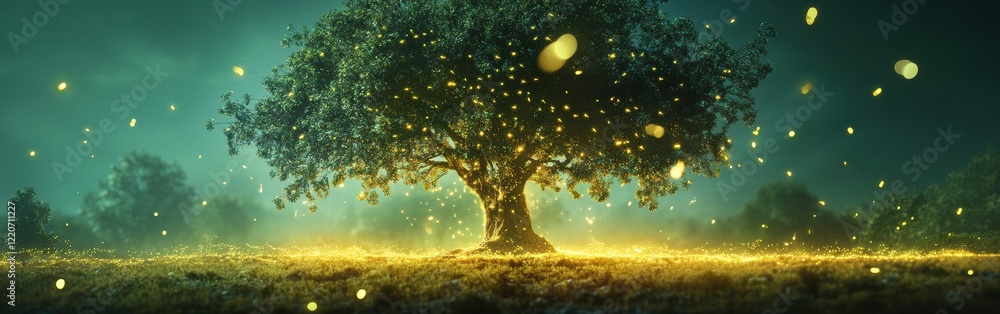 Poster glowing tree surrounded by ethereal light in a tranquil landscape during twilight