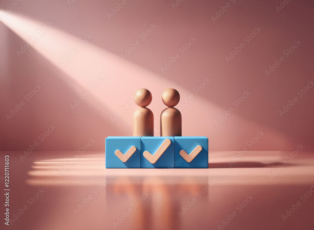 Aufkleber Two golden figurines stand on blue cubes with checkmarks, bathed in a soft, grainy light against a muted pink backdrop. The image has a subtle, textured quality.
