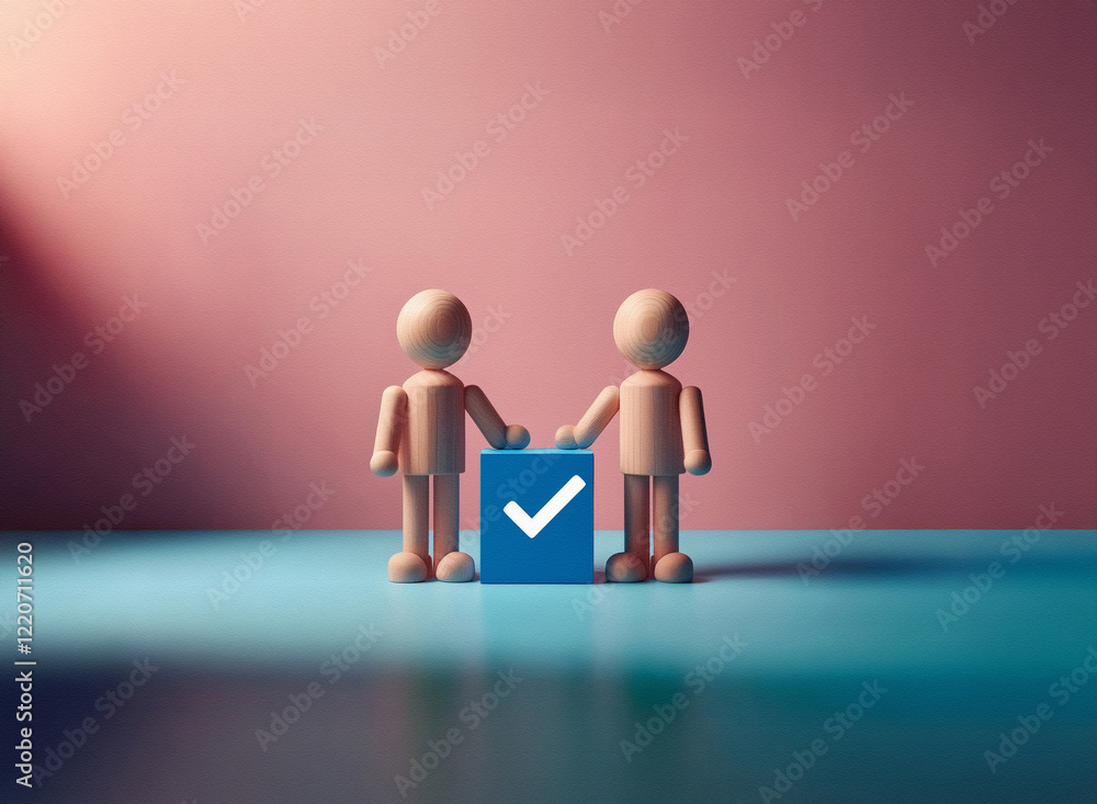 Poster two wooden figurines stand together beside a blue cube displaying a checkmark. the image has a grain