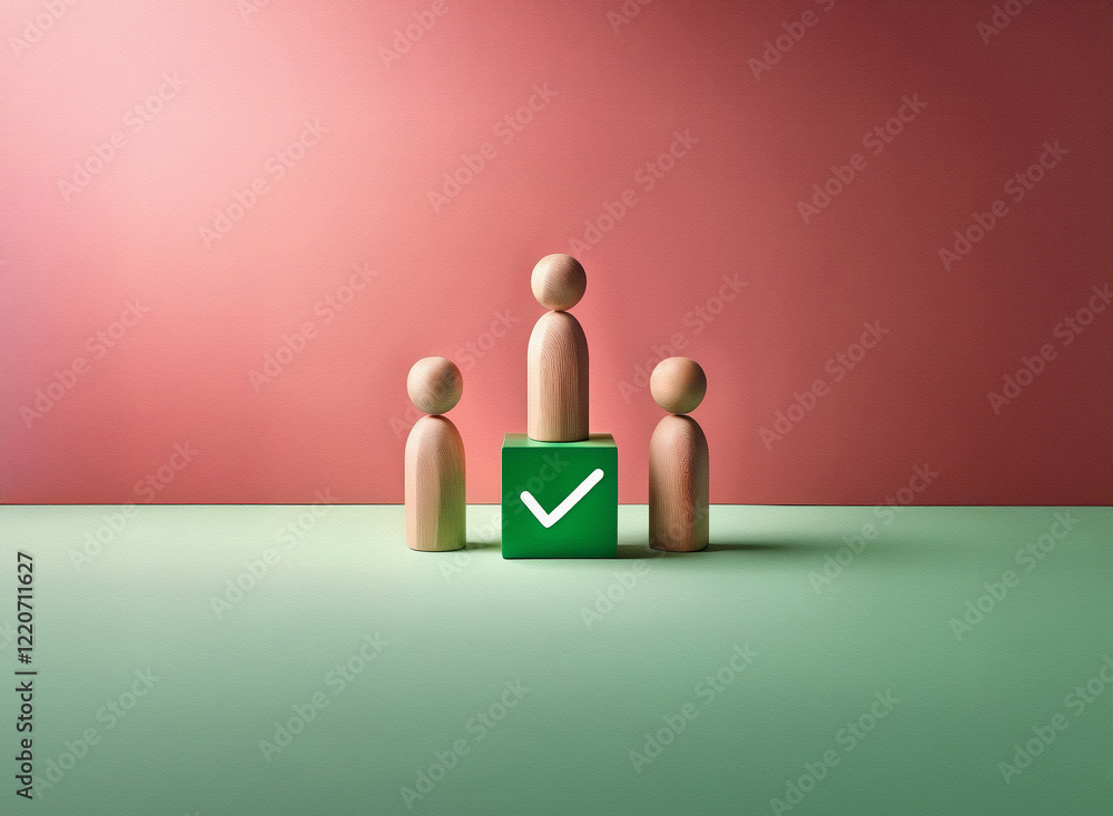 Aufkleber Grainy textured image of three wooden figures. One stands taller, centered on a green cube with a checkmark, flanked by two smaller figures.  The scene suggests approval, leadership, or success.