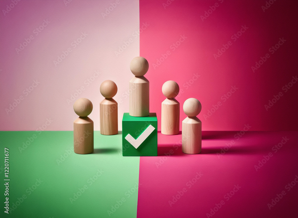 Leinwandbilder Grainy textured image of wooden peg figures surrounding a central figure on a green checkmark block against a pink and green backdrop.  The image conveys a concept of selection or approval.