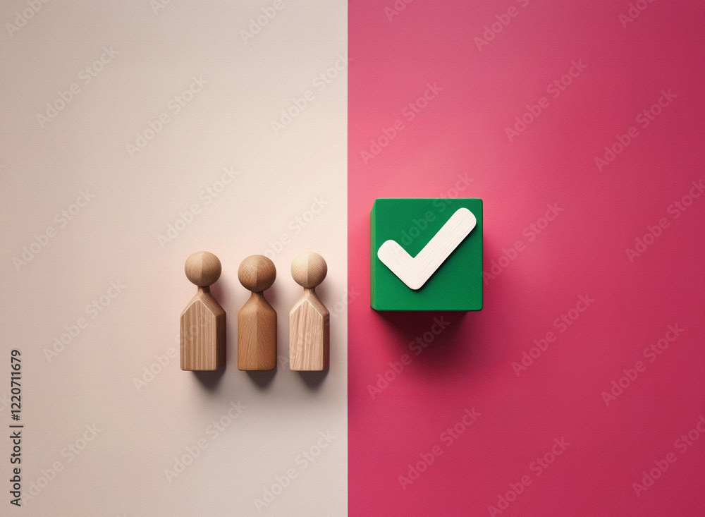 Aufkleber grainy image of three wooden figurines aligned beside a green cube with a white checkmark on a split