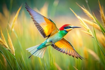 Fototapeta premium European Bee-eater Hunting Insects in Steppe Grass - Double Exposure Photography