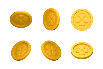 Gold fortune money set. Golden 3d coins with four-leaf clover in different angles. St. Patrick's Day design objects. 3D realistic style. Vector illustration isolated on a white background.