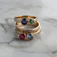 "A trio ring set with different gemstones, displayed on a polished white marble surface."