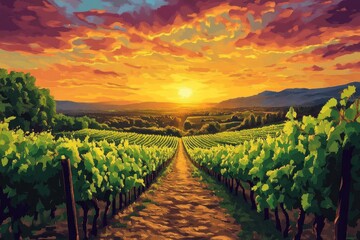 Evening walk in a lively vineyard