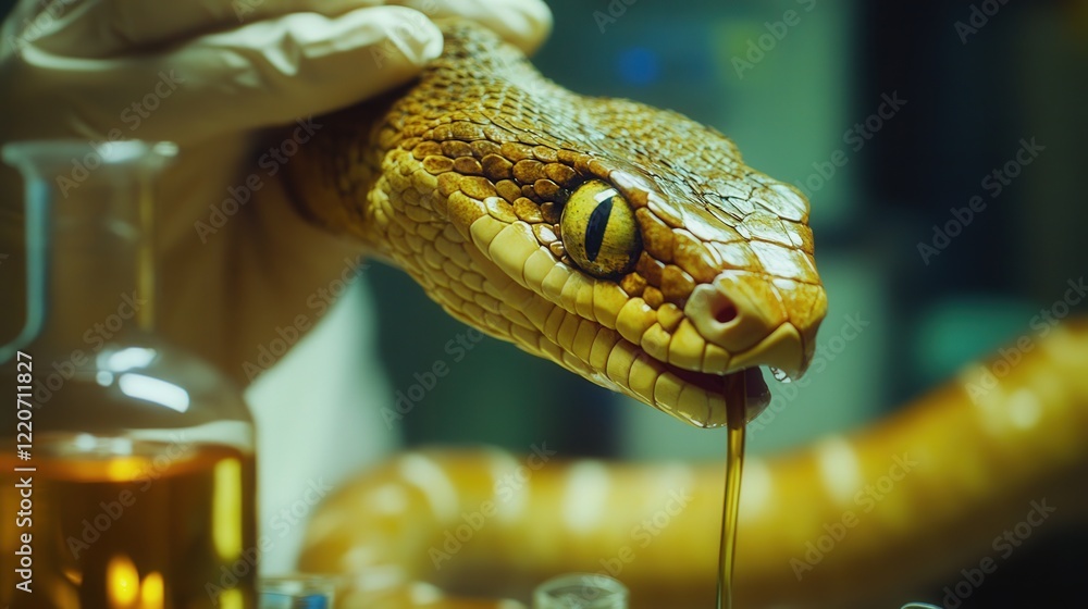 Poster venomous snake injecting venom, followed by the collection and refinement of the venom in a lab for 