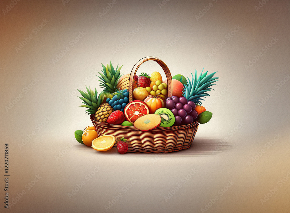 Poster a grainy textured image shows a wicker basket overflowing with a vibrant assortment of fresh fruit. 