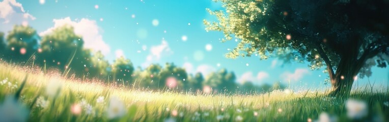 Obraz premium Serene green field with gentle sunlight and lush trees under a bright blue sky