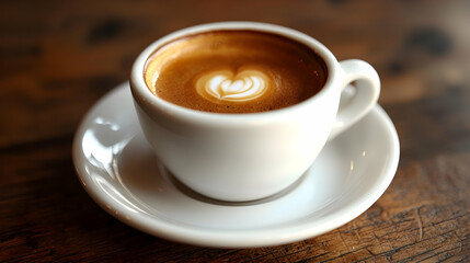 Obraz premium Coffee, latte art, cafe, wooden table, morning, cozy atmosphere, beverage, breakfast, relaxation, drink
