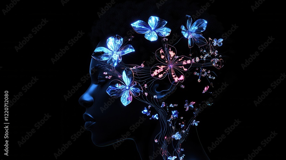 Aufkleber mystical profile of a man intertwined with luminous flowers and vibrant colors in a dark setting