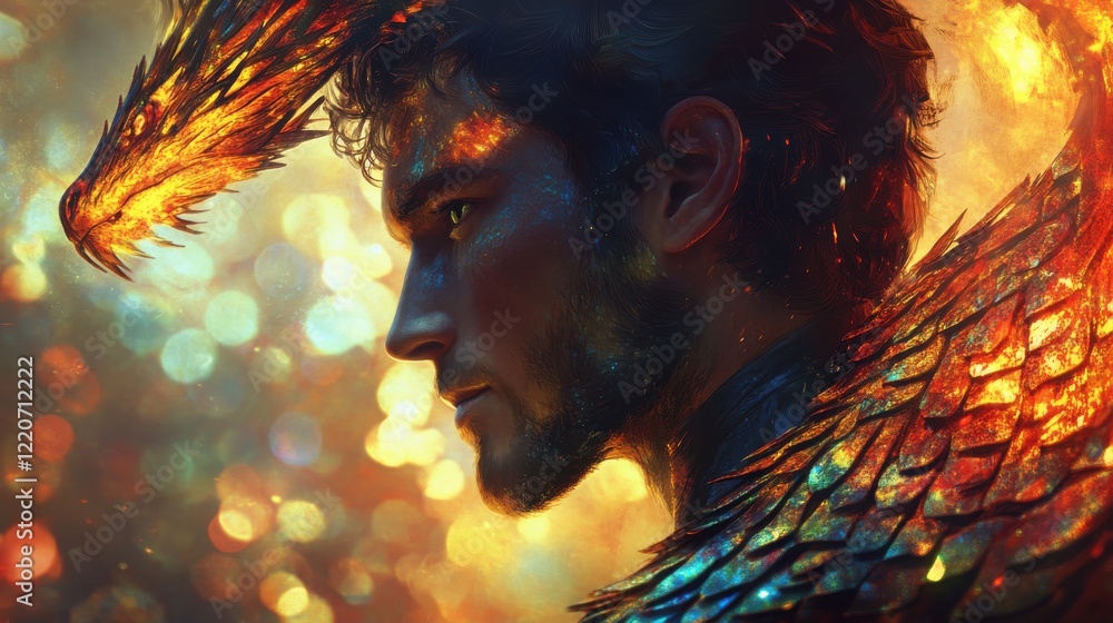 Aufkleber mystical profile of a man with fiery dragon elements in an enchanting, vibrant setting