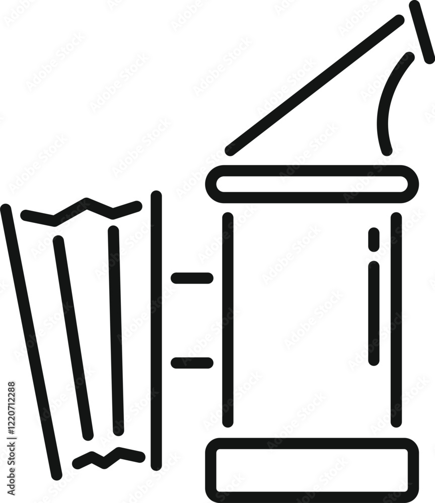 Poster simple and minimal line icon representing a firefighter extinguishing a fire with a water jet from a