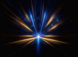 Obraz premium Grainy texture, vibrant streaks of blue and gold light converge at a central point, radiating outwards against a deep black background, creating a dynamic sense of speed and movement.