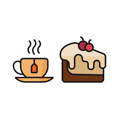 Tea mug drink and cheesecake food icon illustrated in a vibrant and playful cartoon style, bursting with cheerful colors and dynamic details, ideal for casual dining, fun branding, and creative design