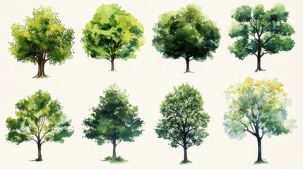A collection of watercolor-style tree illustrations showcasing various vibrant shades of green, representing lush foliage, natural beauty, and botanical diversity. 