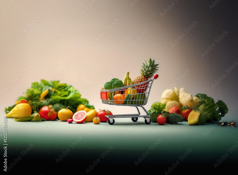Aufkleber A miniature shopping cart overflowing with fresh produce sits between two piles of fruits and vegetables. The grainy texture of the image adds to its rustic charm.