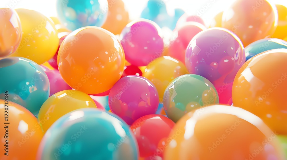 Poster 3d rendering of a bunch of glossy balls in bright and pastel colors. the balls are in a close-up vie