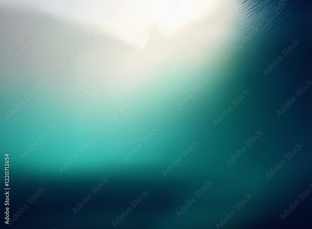 Poster Grainy, textured image with a teal and white gradient.  A bright light source is visible in the upper center, creating a hazy, underwater-like effect. The texture is subtle yet noticeable, adding dept
