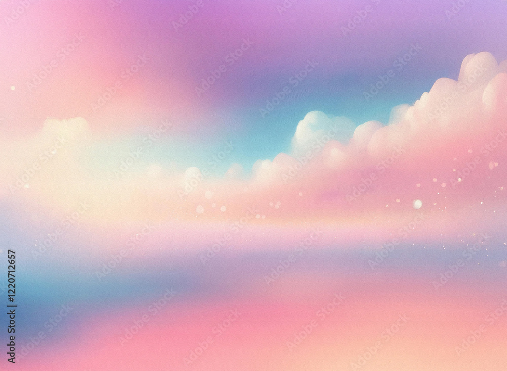 Poster dreamy pastel sky with grainy texture, soft clouds, and a hazy horizon. sparkling particles add a ma