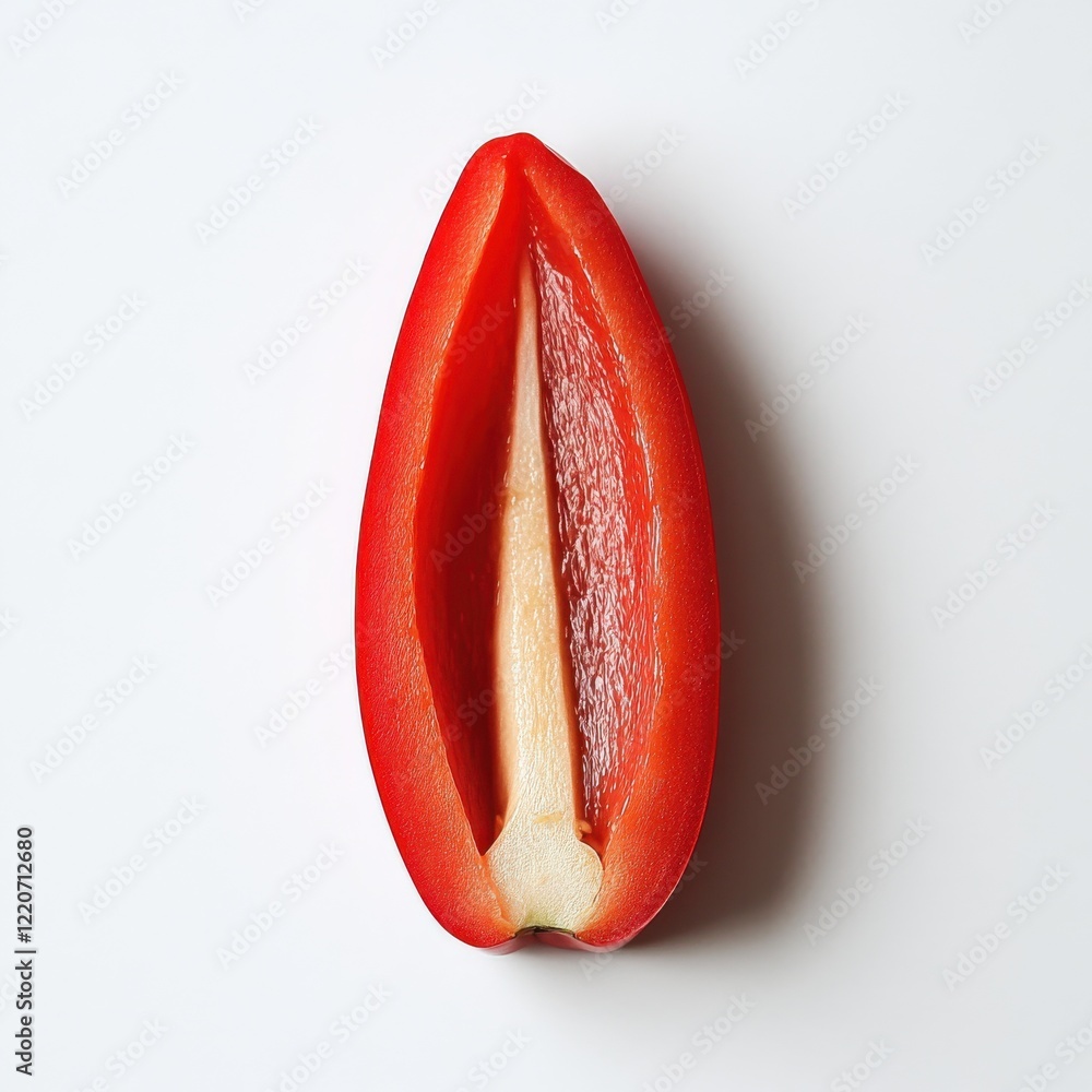 Poster fresh red bell pepper cut in half displayed on a plain surface for culinary use in meal preparation