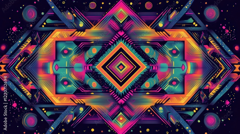 Poster artistic abstraction of matter particles creating geometric patterns in vibrant neon colors