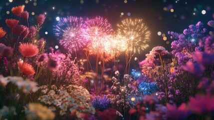 Fototapeta premium Colorful fireworks illuminate a vibrant flower garden at night during a festive celebration