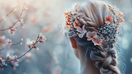 Naklejka premium A creative shot of a bridal hairstyle with intricate braiding and floral accents captured against a soft blurred background 